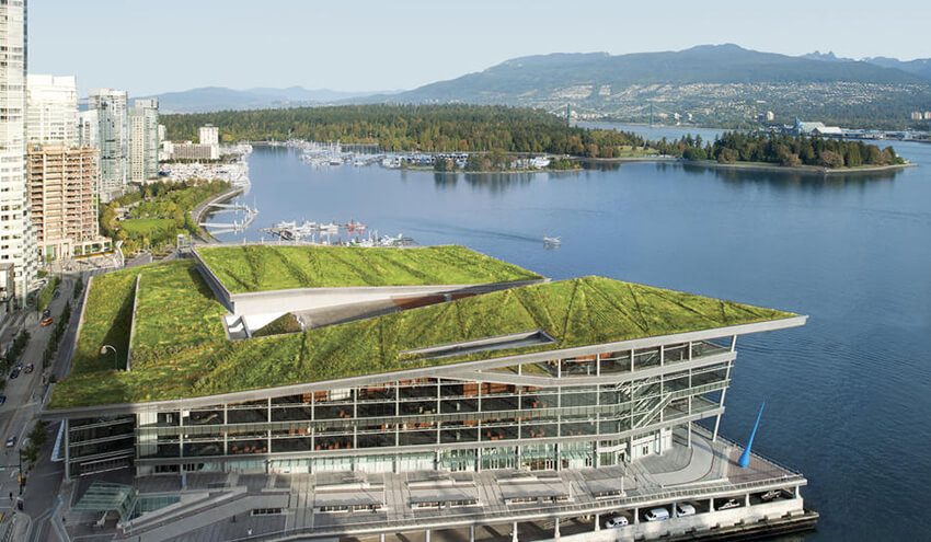 Vancouver Convention, a green convention center that is surrounded by water