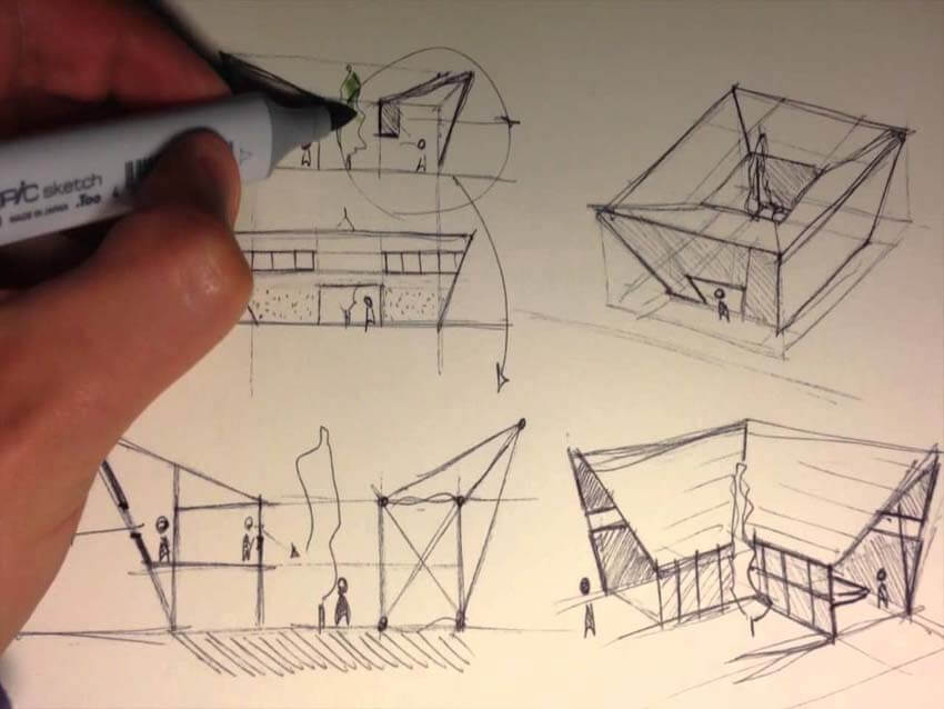 drawing on a sketch paper as a primary steps of architectural concepts of a project
