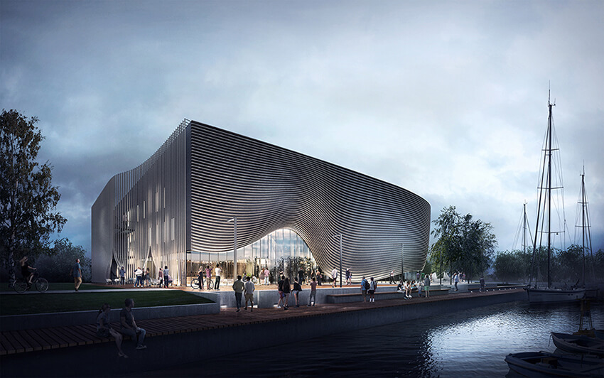 an architectural render of a building with parametric design located near a river 