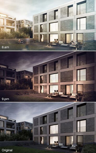 3 different lighting design in 3D architectural rendering outputs