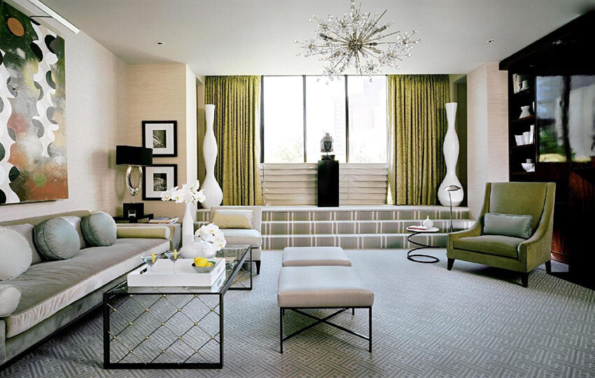 an art deco interior design with combination of gray and green