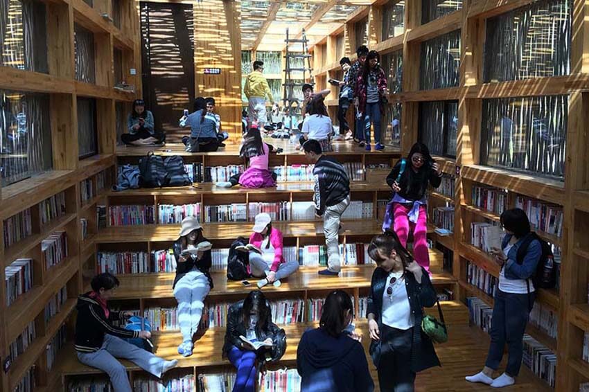 the book shelves of liyuan library in Jiaojiehe, Beijing, china