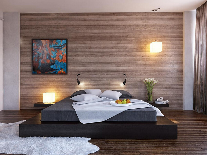 a modern Bedroom with wood material