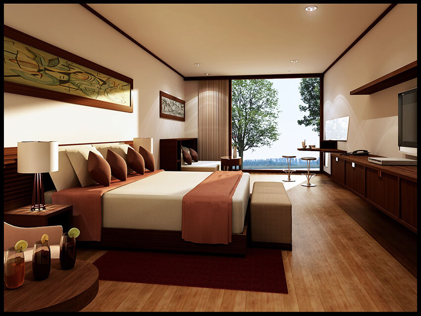 A fashion Bedroom with wooden floor