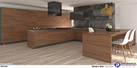 interior space of a modern wooden kitchen with natural wood cabinets