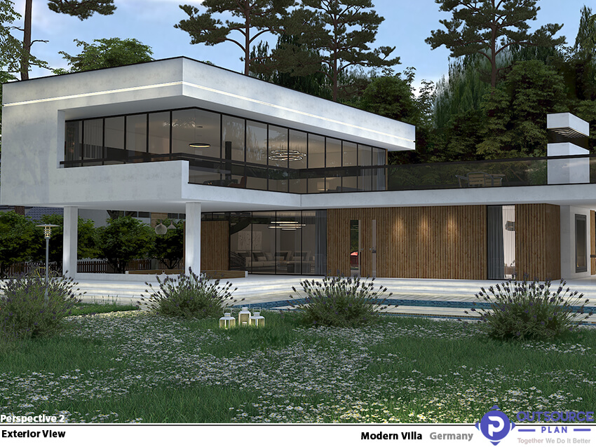 The exterior view of a modern concrete villa with a large water pool