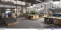 industrial interior space of a large office with grey tile flooring and wooden working tables