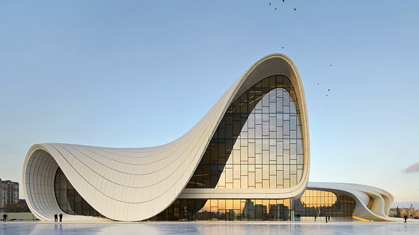 heydar aliyev center, by zaha hadid, an organic building facade design
