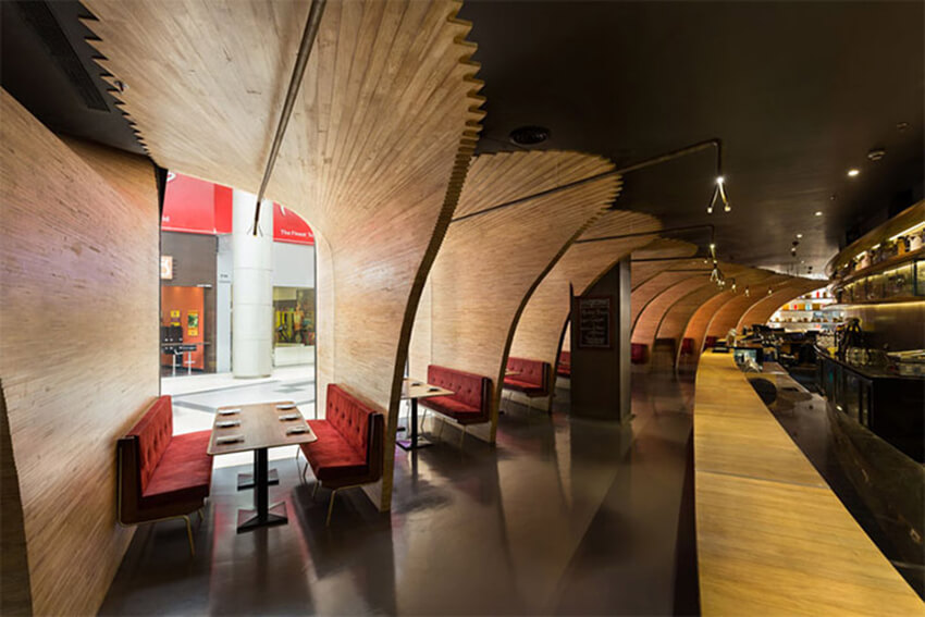 wooden structures in a modern restaurant, located in Phoenix Market City shopping center, Mumbai, India