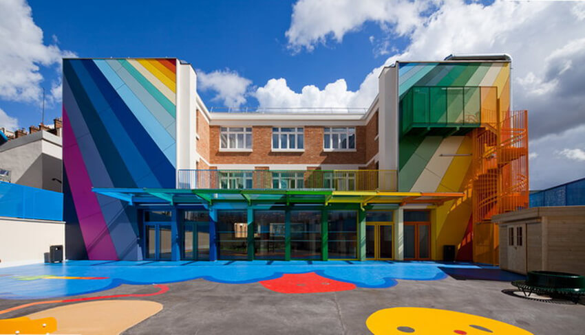 the colorful façade of a kindergarten building