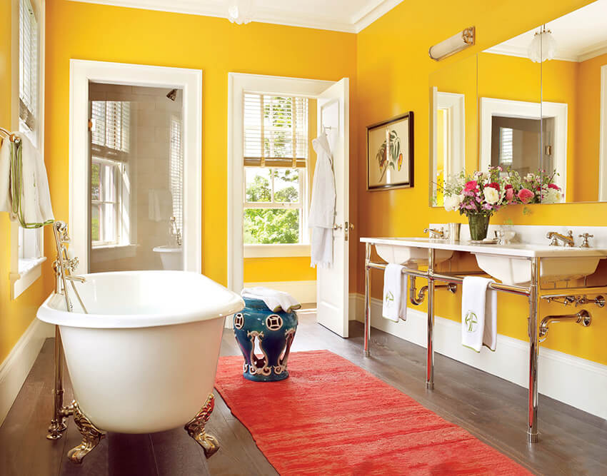 A colorful bathroom interior with lighting