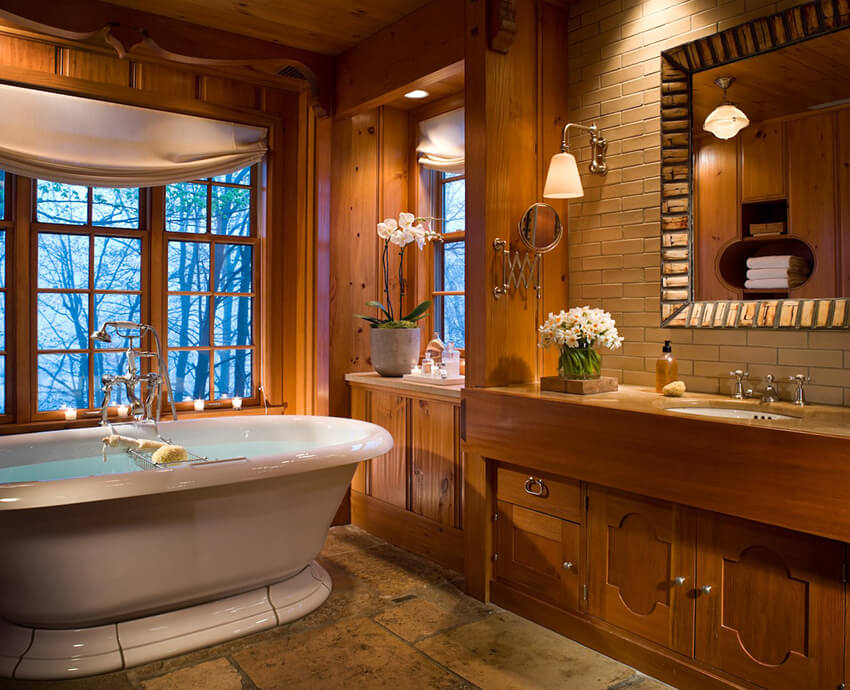 A bathroom with wooden decor