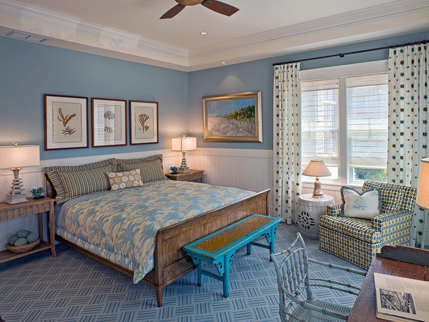 A blue shaded bedroom