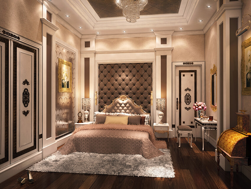A classic bedroom with wood flooring and white walls