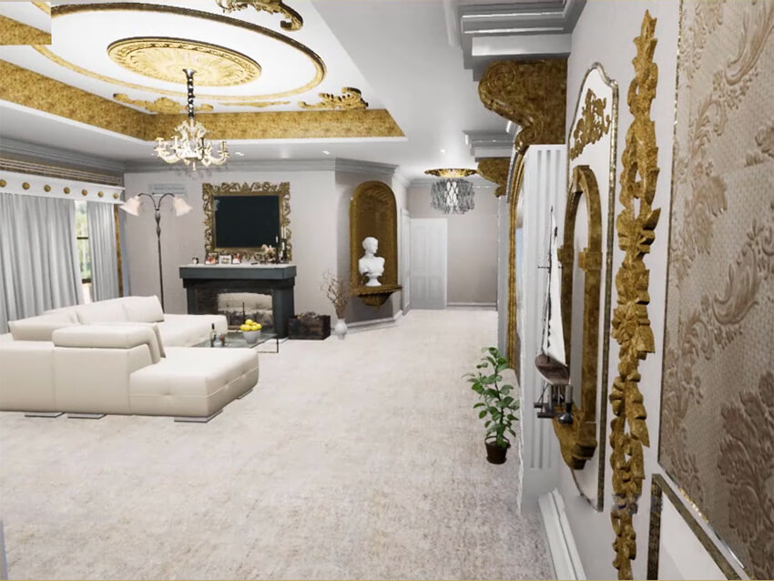 the living room of an apartment with gold and white theme