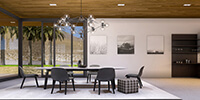 the interior space of a modern dining room with modern furniture and wooden ceiling