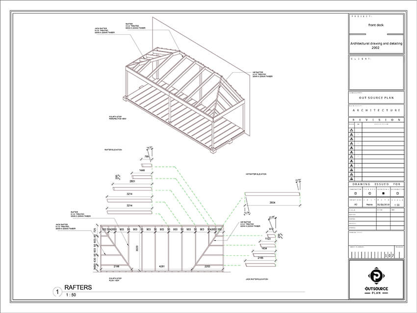 wooden pergola roof rafter’s dimensions and isometric view 