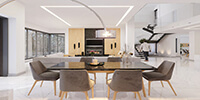 modern dining room with stone dining table and modern fabric chairs