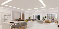 open space living room of a modern residential building with white stone flooring