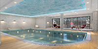 modern pool interior space with gray and white ceramic tiles decoration on the wall