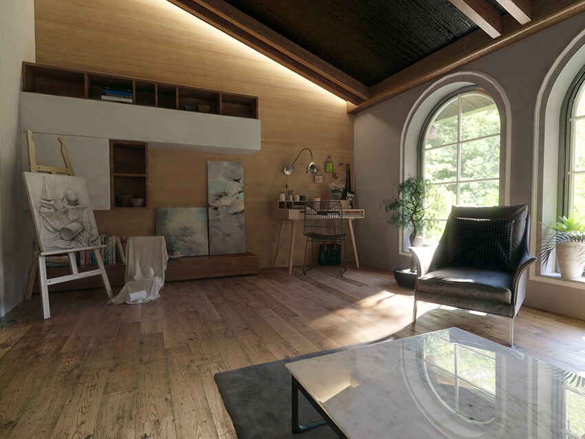 interior space of an art atelier with natural wood flooring and large windows