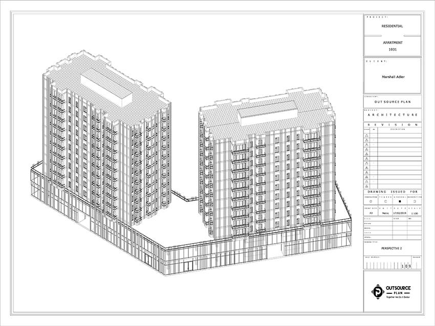 isometric view of the north side of a high rise residential building