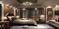 classic master bedroom interior space with dark color parquet and white carpet flooring, luxury bed, and crystal chandelier 