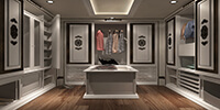 interior space of a classic white color walk-in closet with parquet flooring and spotlights