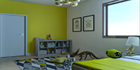 interior space of a child bedroom with colorful wall and bed and a grey floor shelf 