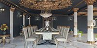 interior space of a classic luxury dining room with black walls and golden ceiling decoration