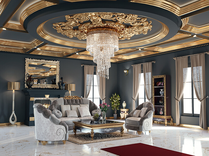 interior space of the classic apartment living room with round decorative ceiling and crystal chandelier