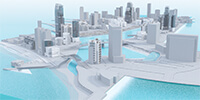 clay mode render of a cityscape combined with water