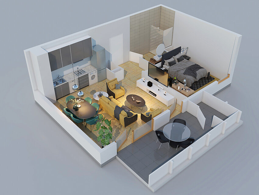 3d plan of a small modern apartment with stone tile flooring and open plan