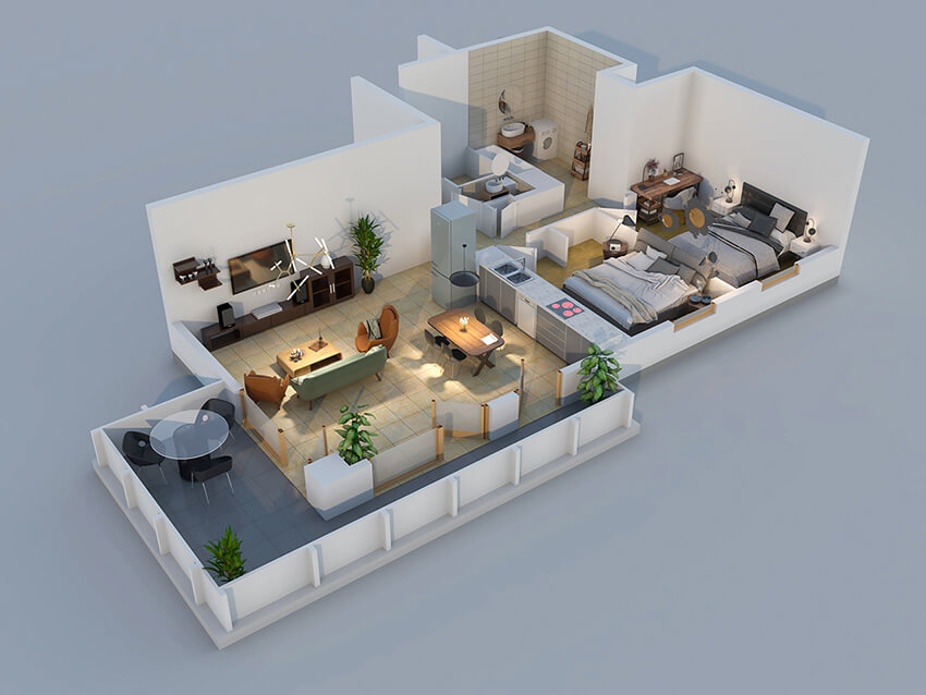 colored 3d plan of an apartment with modern furniture and two bedrooms