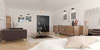 interior space of a modern bedroom with hardwood flooring and wooden furniture