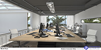 large working area of a modern office with floor shelves and large windows 