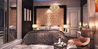 master bedroom interior space with unique 3d-wall behind the bed and dark brown bed