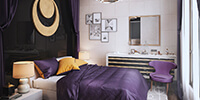 interior space of a bedroom with high gloss black wall and purple color furniture