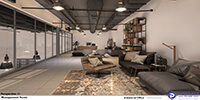 interior space of the manager’s office designed in industrial style with leather furniture and glass wall