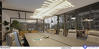 interior space of the office meeting room with linear chandelier and glass walls