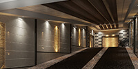 the parking ramp of a commercial complex with decorative wooden ceiling