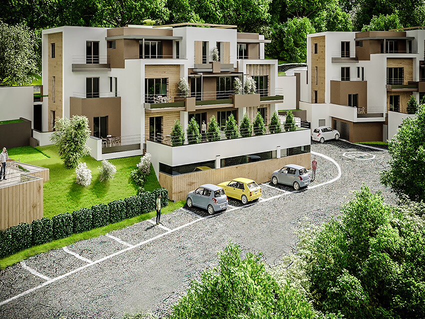the exterior view of the multi-unit residential project in the forest
