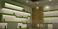 small modern mobile store with green shelves and spotlights