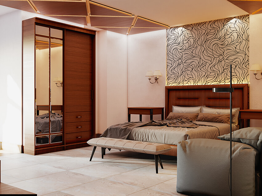 interior space of a modern bedroom with stone flooring and wooden bed, closet, and decorative ceiling