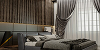 interior space of a bedroom with grey color bed and curtains and a wooden wall