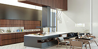 modern kitchen with wooden cabinets in the interior space of a large apartment