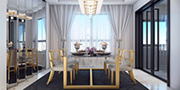 interior space of a luxury dining room with gold color dining table and furniture and a mirror wall