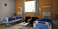 patient room with amber and blue color and seating area beside the beds