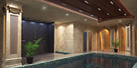 interior space of a luxury hotel pool with wooden ceiling and spotlights