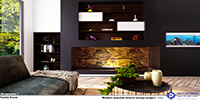 built-in fireplace in the dark color wall of a modern living room 
